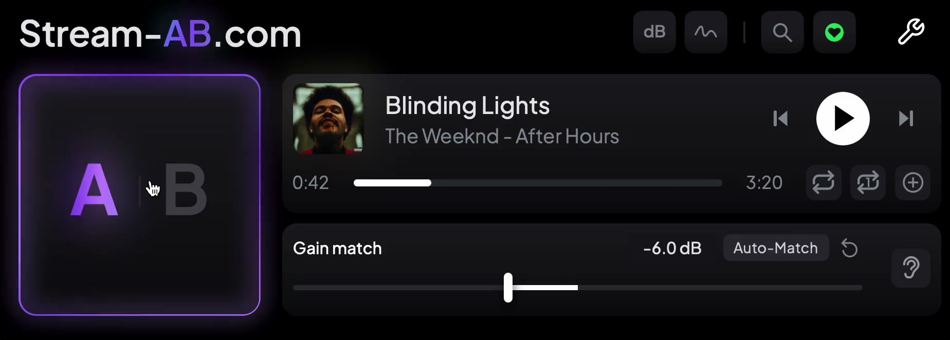 Stream AB's A/B switch, with Blinding Lights by The Weeknd queued up as the reference