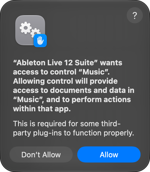 macOS: Ableton Live 12 Suite wants access to control Music