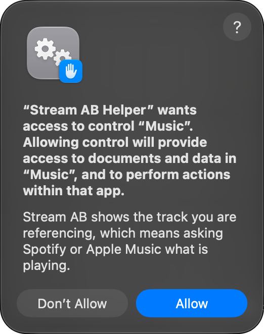 macOS: Stream AB Helper wants access to control Music