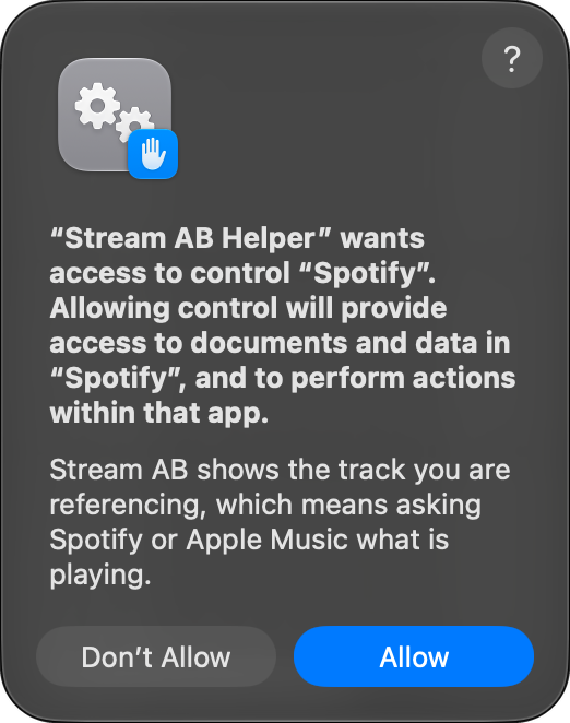 macOS: Stream AB Helper wants access to control Spotify