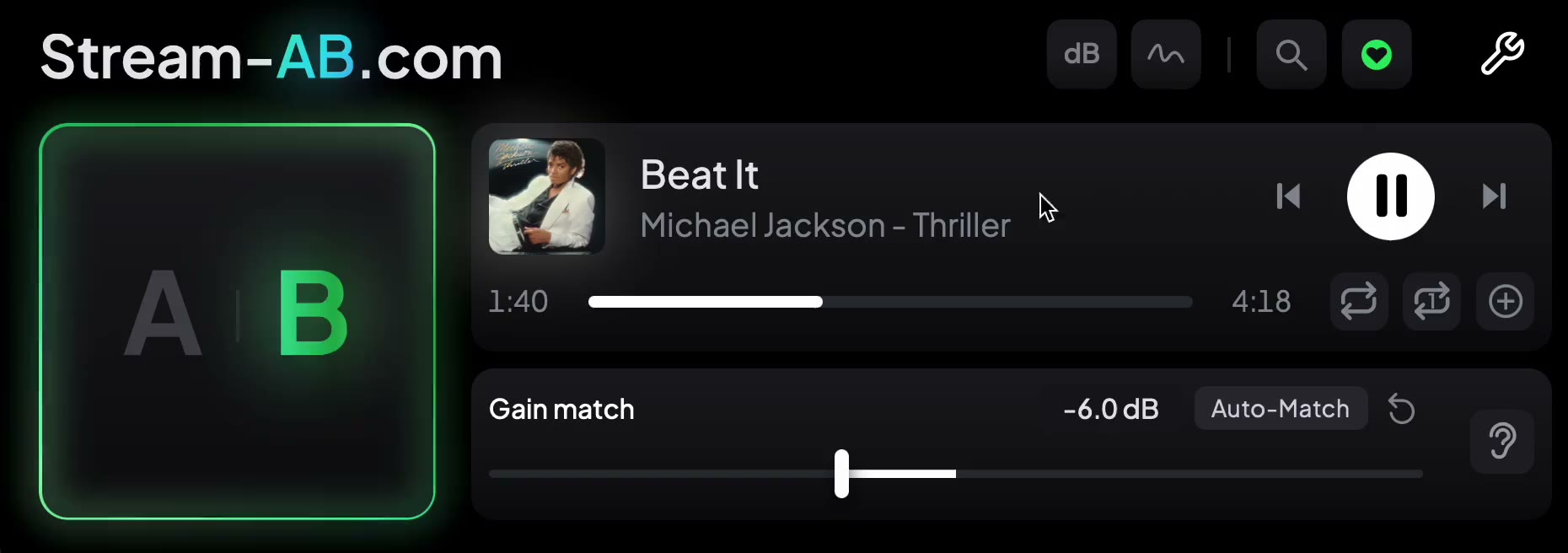 Stream AB with B selected, so the reference is playing, and the gain trim at -6.0 dB